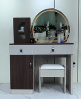 Table de maquillage moderne en bois bicolore avec miroir LED intelligent irrégulier, éco-responsable et durable, avec armoire latérale amovible et tiroir