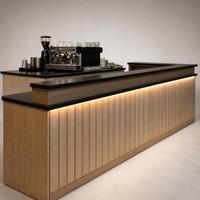 Comptoir de bar en bois avec façade cannelée illuminée et espace de service café pour restaurant, hôtel, salon