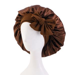 Logo personnalisé réglable femmes Double couche large bande sommeil <span class=keywords><strong>bonnet</strong></span> de nuit tresse soie Satin doublé Designer cheveux Bonnets avec de longues cravates - Product Image 4