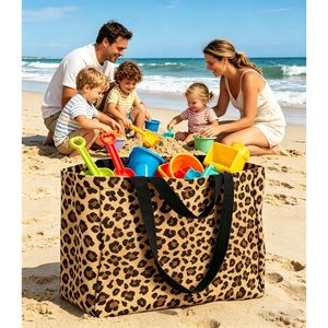 <b>Extra</b> <b>Large</b> Canvas Grocery Bag Leopard <b>Print</b> Foldable Tote With 6 Pockets For Shopping - Product Image 2