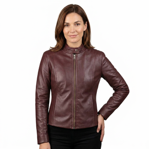 Veste de moto élégante pour femme en cuir véritable marron, motif automne, logo, coupe ajustée minimaliste, col rabattu, respirante - Product Image 1