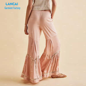 OEM Pantalon à jambes évasées à taille haute et à cordon de serrage pour femmes de haute qualité Pantalon à jambes évasées avec bordure en dentelle - Product Image 3