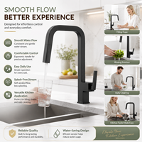 Robinet de cuisine contemporain à profil carré, noir mat, monocommande, avec douchette extractible à arc haute, en laiton massif