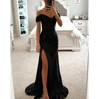 Robe de Soirée Sirène Dorée à Paillettes pour Femme, Robe de Bal Scintillante Épaule Dénudée Formelle pour Saisons Estivales, Robe Longue