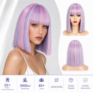 Perruque synthétique courte et droite, style bob, multicolore arc-en-ciel, avec frange, résistante à la chaleur, réglable, pour femme, avec racine naturelle, vente en gros - Product Image 1