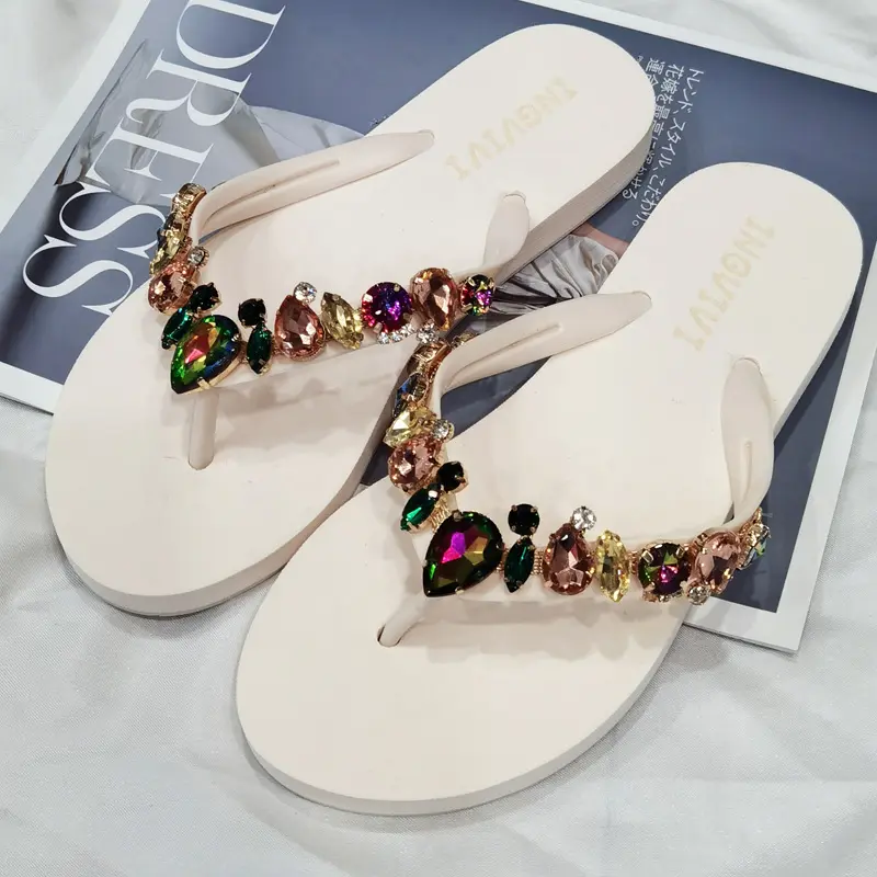 Wholesale Women Summer Rhinestone latest ladies Beach Candy Color Outdoor Diamonds Chain Flip Flop Slippers Slide Sandals