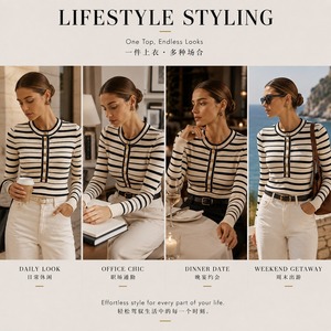 Classic Striped Knitted Eco-Friendly Vintage <b>Cardigan</b> Women Lantern Sleeve Crew Neck <b>Lace</b> Front Elegant Top Regular Fit Autumn - Product Image 5