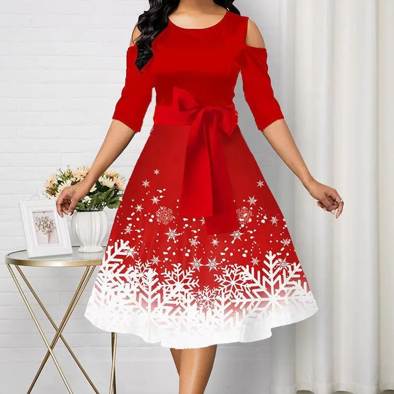 2022 New Women Snowflake Print Dress Fashion Cold Shoulder O-Neck Belted Midi Dress Ladies Red Christmas Party Dresses Plus Size