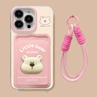 Étui de téléphone portable pour iPhone 15 Pro Max avec porte-cartes et cordon, motif ours mignon, design stéréo, finition par pulvérisation, style dessin animé pour femmes