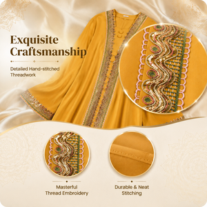 Espléndido Vestido Abaya Kaftan Musulmán para Mujer en Amarillo Sol, Bordado, con Bordes Festoneados, Ideal para Celebraciones - Product Image 3