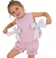 Vente flash - Ensemble de vêtements pour bébé fille d'été, chemise à carreaux en coton avec nœud, short à volants, tenue décontractée pour petite fille