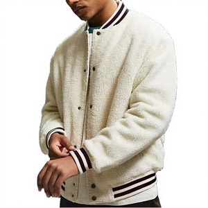 Men's White <b>Fleece</b> Varsity <b>Jacket</b> With Striped Trim Turn-down Collar Casual Winter Coat <b>Thick</b> Sherpa Lining Regular Fit - Product Image 1