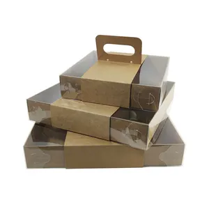 ZL定制独特包装披萨花水果蛋糕可折叠透明盖棕色牛皮纸外卖盒，带便携式滑套