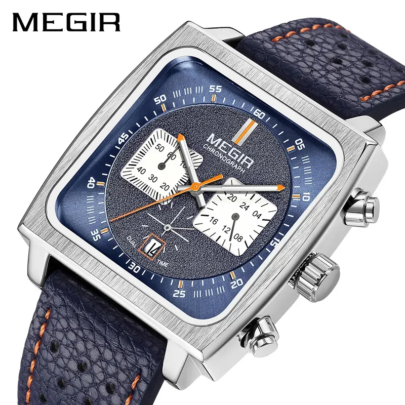 MEGIR 2182 2024メンズファッションブルーレザーストラップカジュアルスポーツ腕時計用の新しいスクエアダイヤルクロノグラフクォーツ時計日付付き