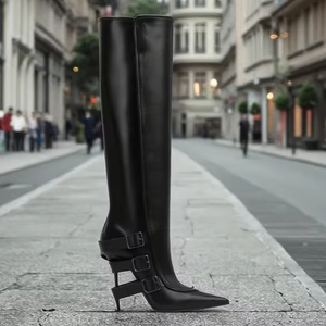 OEM Brand elegante <span class=keywords><strong>donna</strong></span> autunno nero cuoio Pu diverse cinghie tacco sottile punta <span class=keywords><strong>stivali</strong></span> alti al ginocchio per lo Shopping - Product Image 6