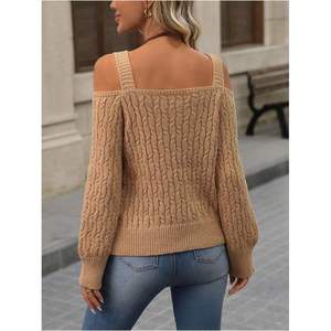 เสื้อสเวตเตอร์ไหมพรมถักลายเคเบิ้ลแบบเปิดไหล่สำหรับผู้หญิง คอวี แขนยาว สวมใส่สบายๆ สำหรับฤดูใบไม้ร่วง - Product Image 5