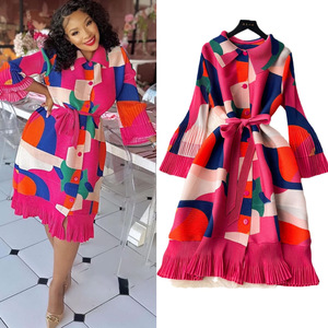 Robe midi plissée vintage pour femme, imprimé géométrique abstrait, robe chemise à manches longues avec ceinture, robes décontractées amples pour l'été - Product Image 2