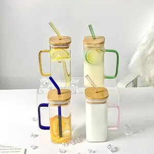 Borosilicate copos de vidro de leite, formato quadrado, suco, café, copos de água com tampa e canudo