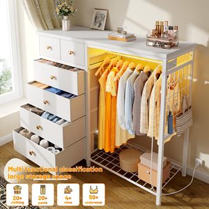 Cómoda Moderna Blanca para Dormitorio con Luces LED y Estación de Carga, 6 Cajones de Tela, Perchero de Hierro, Estilo Madera MDF para Almacenamiento en Sala de Estar - Product Image 6