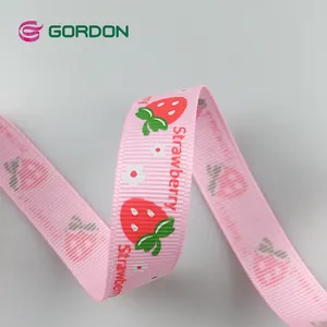 उपहार रैपिंग बॉक्स सजावट के लिए गॉर्डन रिबन कस्टम गुलाबी स्ट्रॉबेरी ग्रोसग्रेन रिबन मुद्रित फल