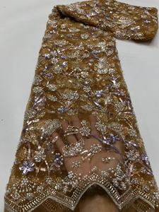 Tissu KC de luxe en dentelle florale perlée, tulle brodé à la main avec des cristaux pour robe de soirée africaine Aso Ebi - Product Image 6