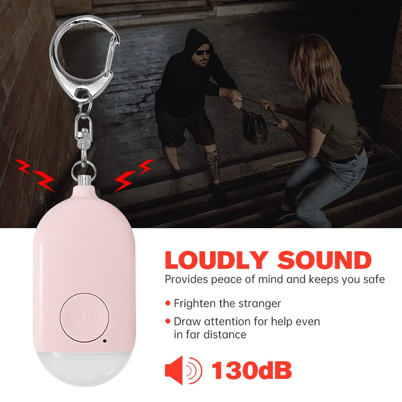 Rechargeable 130db fort antivol auto-défense porte-clés alarme de sécurité personnelle pour les femmes