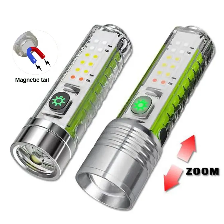 Rechargeable Portable Pen Torch Magnetic Tail Camping Working Light Zoom Red Blue UV Led Super Bright Mini Tactical Flashlight