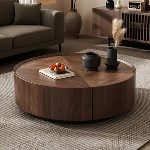 Mesa de centro moderna moderna de madeira com estrutura de metal redonda, mesa de centro moderna e simples para sala de estar, casca de nogueira, meados do século