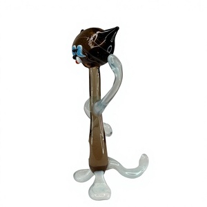 Figurine de chat en verre soufflé à la main, corps brun ambre, yeux bleus, sculpture animale transparente, décoration - Product Image 1