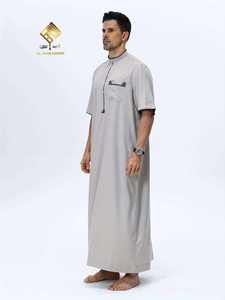 AL HARAMAIN <b>Men</b> <b>Thobe</b> Stand Collar Short Sleeve Floor Length Cotton Prayer Robe Solid Color Modest Middle East Style - Product Image 6