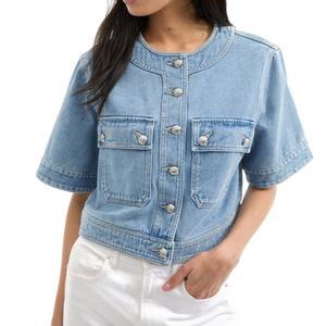 Chaqueta Vaquera Corta de Diseño Moderno, Corte Cuadrado, Manga Corta, Informal, Veraniega, con Botones al Frente, Lavado Claro, para Mujer - Product Image 1