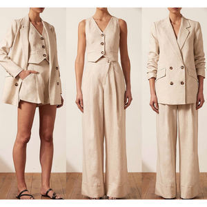 Completo Tre Pezzi da <span class=keywords><strong>Donna</strong></span> Autunnale Casual Personalizzato di Fabbrica con Giacca in <span class=keywords><strong>100</strong></span>% <span class=keywords><strong>Lino</strong></span> a Maniche Lunghe, Gilet e <span class=keywords><strong>Pantaloni</strong></span> a Gamba Dritta a Vita Alta - Product Image 5