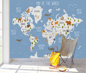 Papel Tapiz Moderno Impermeable con Mapa del Mundo de Dibujos Animados para Niños, Mural Educativo con Ilustraciones de Animales para Decoración de Cuarto de Niños, Baño y Dormitorio - Product Image 1