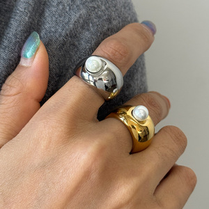 Anillo de Perlas de Acero Inoxidable con Engaste Geométrico y Perla AAA, Joyería para Fiestas - Product Image 2