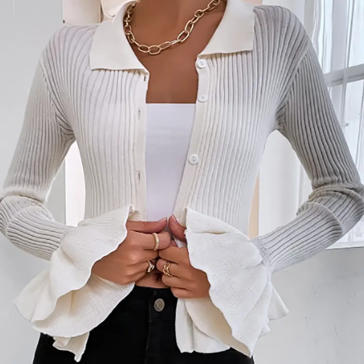 White Color Crew Neck Single Breasted Long Sleeve Bottom Ruffle Casual Women Cardigan Sweater