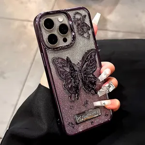 Luxury 3D butterfly Color gradient Phone Cases For iPhone 15 14 13 12 11 Pro Max Glitter Bling Folding holder stand Mobile Cover