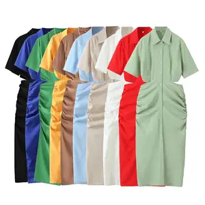 10 colorway cintura escavar manga curta virar para baixo colarinho cor sólida mulheres casuais verão maxi dress