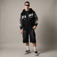 Sweat à capuche zippé Y2K pour homme, noir, à épaules tombantes, imprimé camouflage gothique, avec patch flamme, rivets et strass, style streetwear personnalisé