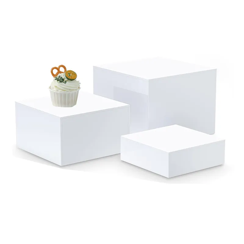صندوق عرض أكريليك بشعار مخصص للمقصف مكعب مربع مربع مربع أبيض من الأكريليك لعرض الطعام