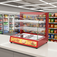 Vitrine chauffante électrique commerciale compacte à 3 niveaux en verre incurvé, rouge et noir, pour présentation de poulet frit et de plats rapides