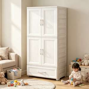 Guarda-Roupa Infantil de Plástico, Armário de Berçário Independente com Portas Duplas, Cabideiro e 1 Gaveta Grande, Armário de Armazenamento para Crianças - Product Image 4