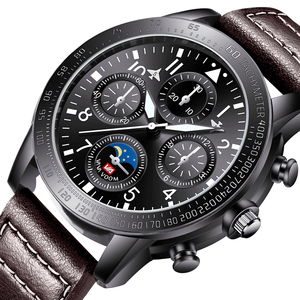 Montre chronographe de style pilote pour homme, lunette tachymètre, phase de lune, bracelet en cuir noir - Product Image 3