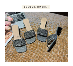 Nouvelles sandales élégantes à talon moyen et bout carré ornées de strass, mode estivale, talon épais pour femmes - Product Image 6