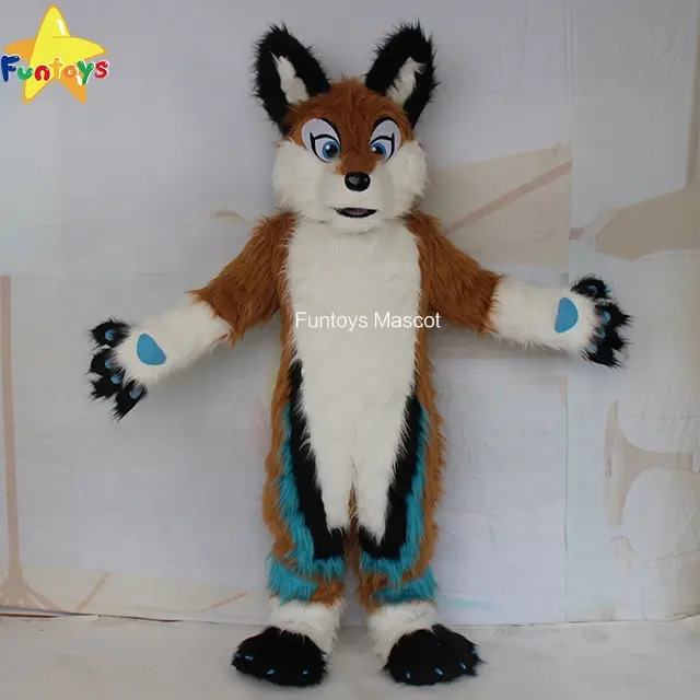 Funtoys CE Halloween Traje Gaun Panjang Bulu Serigala Husky Anjing Fursuit Kostum Maskot Bulu Dibuat Sesuai Pesanan Cosplay untuk Dewasa