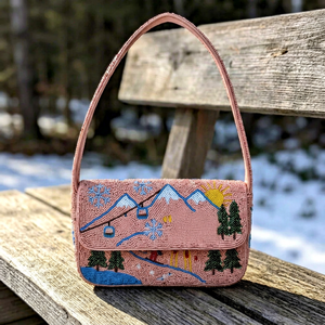 Bolso de Mano Textil Rosa Hecho a Mano con Bordado de Copos de Nieve y Árboles, Hilo de Poliéster, Forma Rectangular, Lavable, con Cuentas de Vidrio - Product Image 1