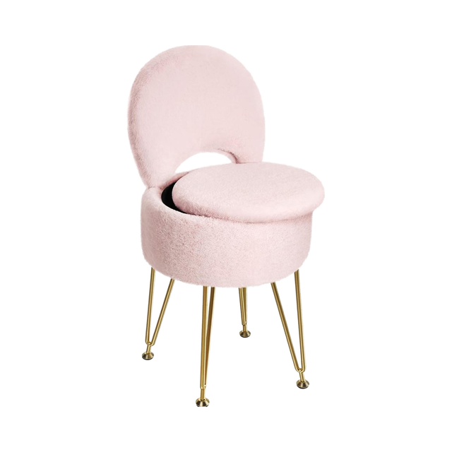 Modern Bedroom Vanity Stool Chair with Storage and Folding Back Square Velvet Soft Ottoman 4 Metal Legs with Anti-Slip Feet