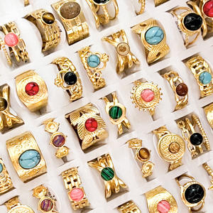 Xxi विंटेज शैली फ्रेंच प्राकृतिक पत्थर स्टेनलेस स्टील की अंगूठी 18k सोने की प्लेटेड अंगूठी मिश्रण थोक रत्न - Product Image 2