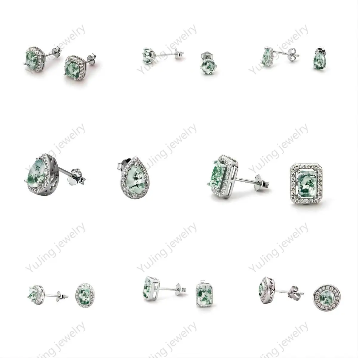 Boucles d'oreilles personnalisées en argent 925 plaqué or CZ Pave Water Drop Shape Natural Green Moss Agate Stone Dangle Round Ball Earrings