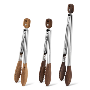Multifunctionele Roestvrijstalen Keuken Saletang Handstijl Koken Bbq Serveertang Met Walnoot Houttang - Product Image 1