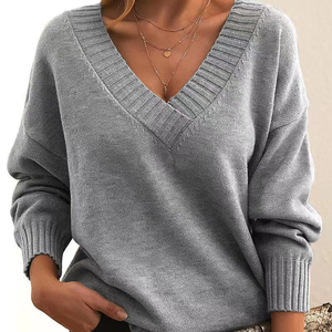 Pulls décontractés pour femmes à col en V, coupe ample, personnalisables, faible MOQ, prix abordable, en coton et viscose, couleur unie - Product Image 1